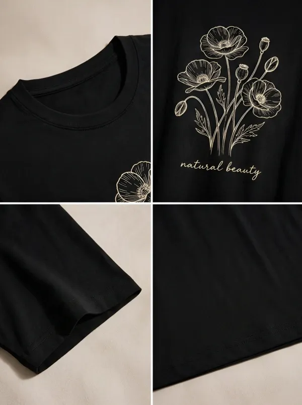 Women's Botanical Nature Lover Poppy Flower Printed T-shirt