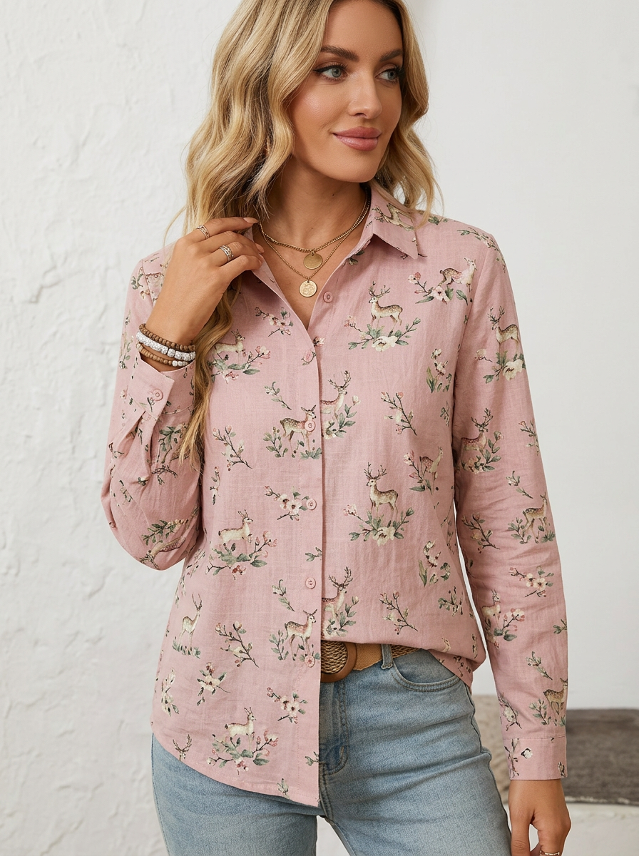 Deer Floral Nature Women's Loose Printed Shirt