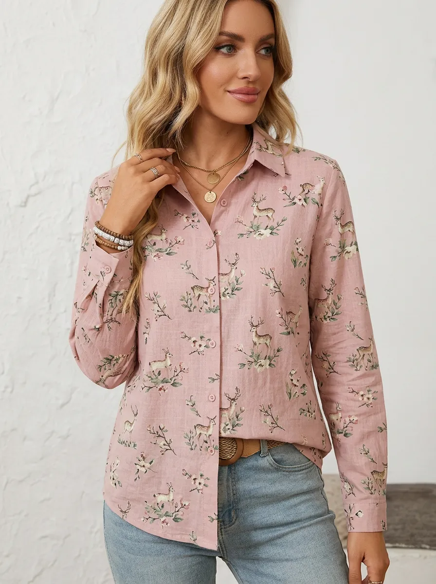 Deer Floral Nature Women's Loose Printed Shirt
