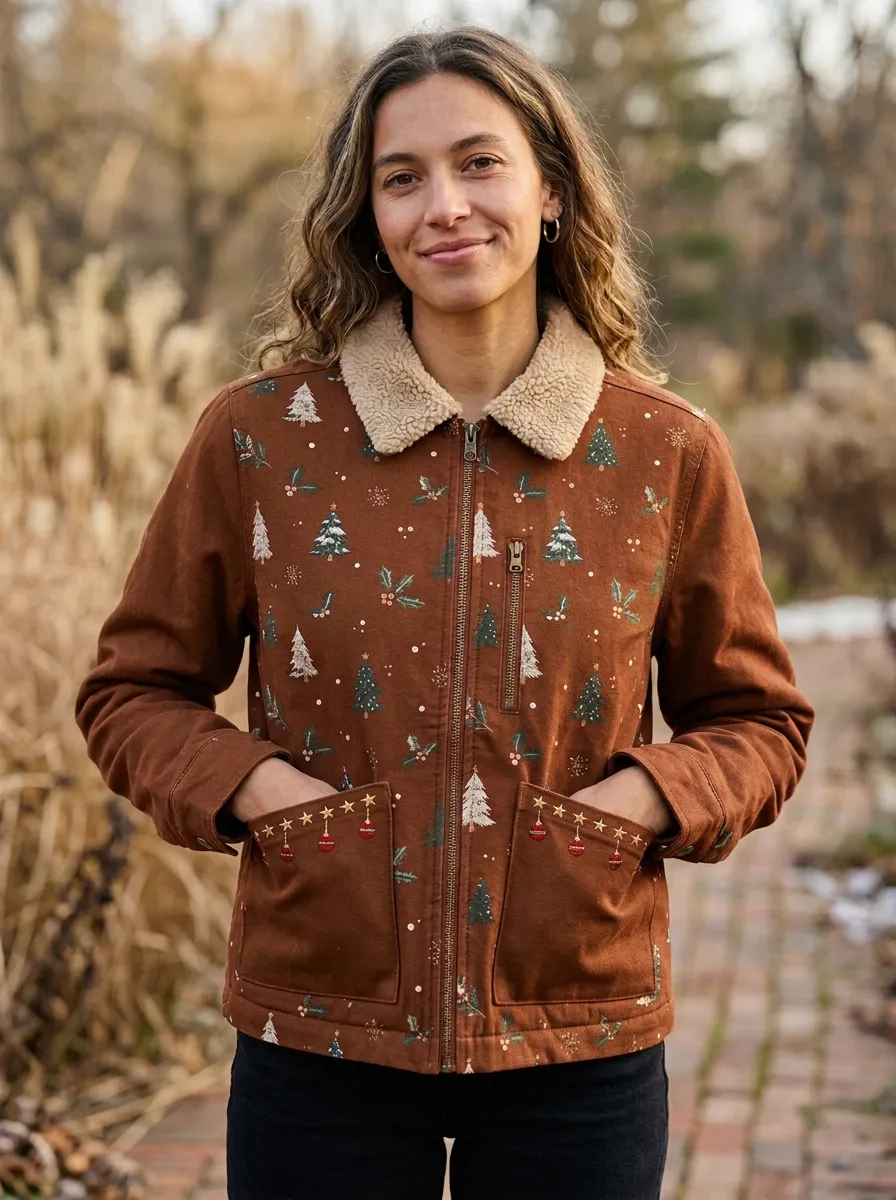 Christmas Tree Holly Print Sherpa Collar Jacket