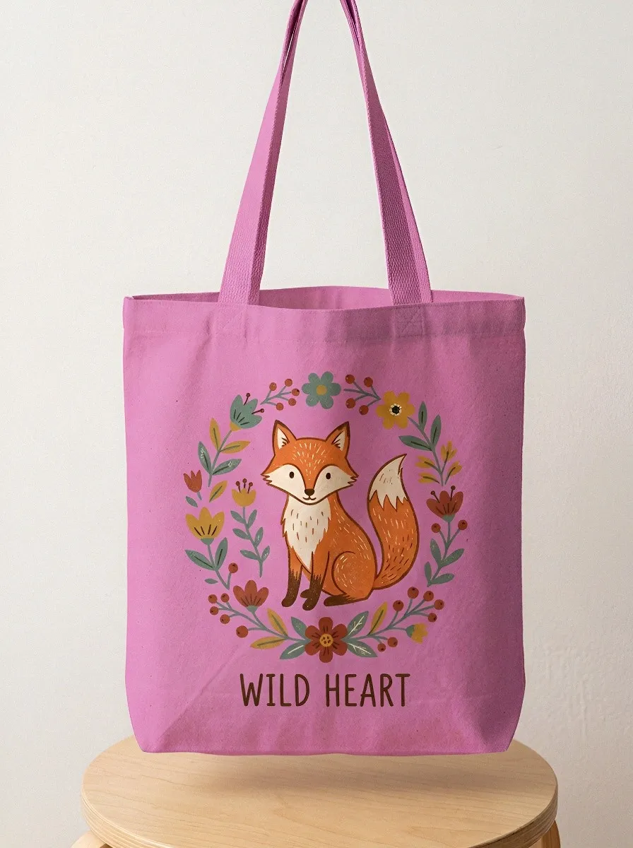 Wild Heart Fox Floral Wreath Printed Tote Bag