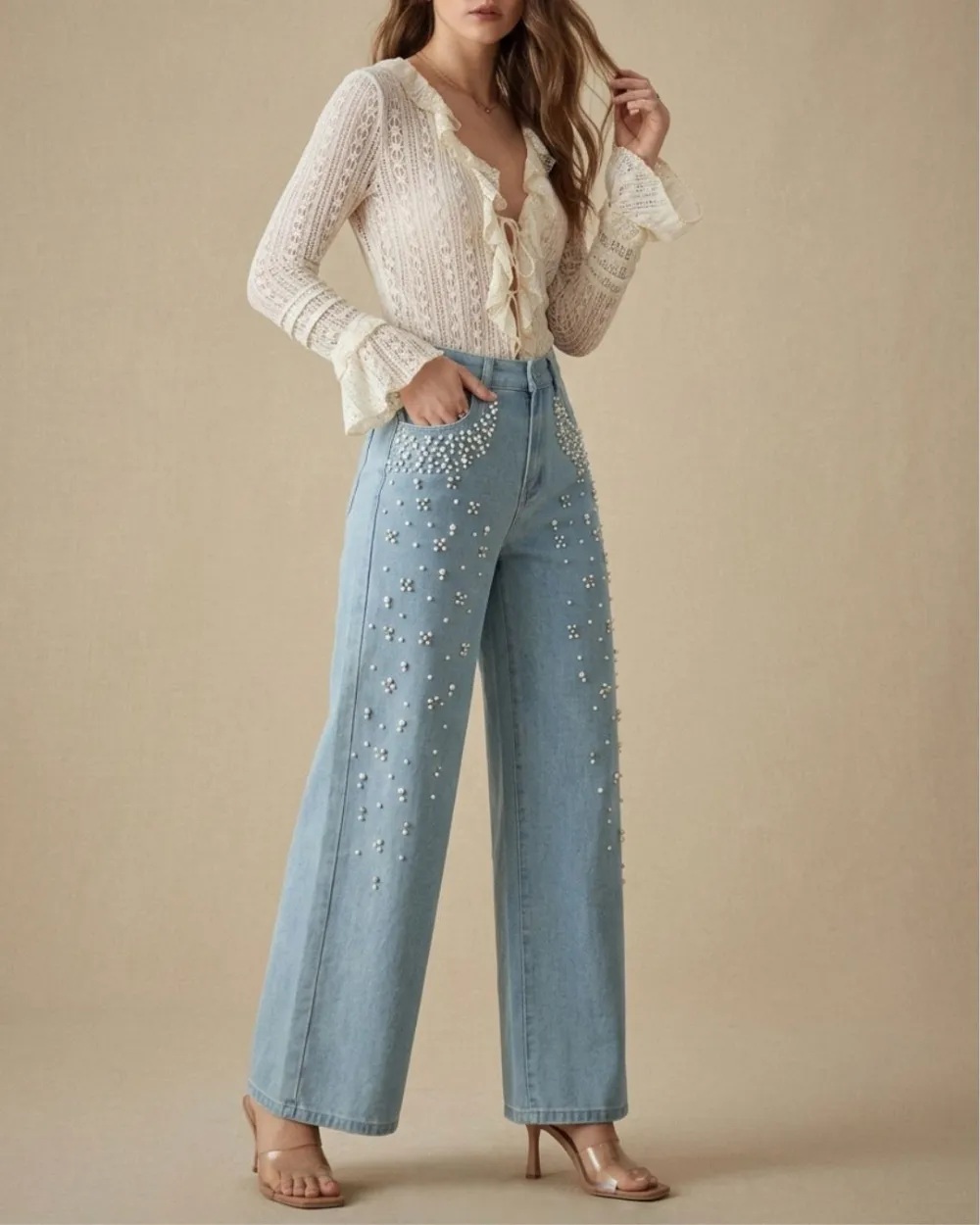 Beaded Relaxed Straight-Leg Jeans