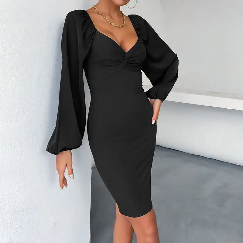 Women's Wrap V-Neck Puff-Sleeve Bridal Dress