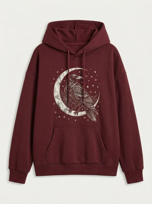 Unisex Halloween Gothic Raven Moon Stars Printed Hoodie