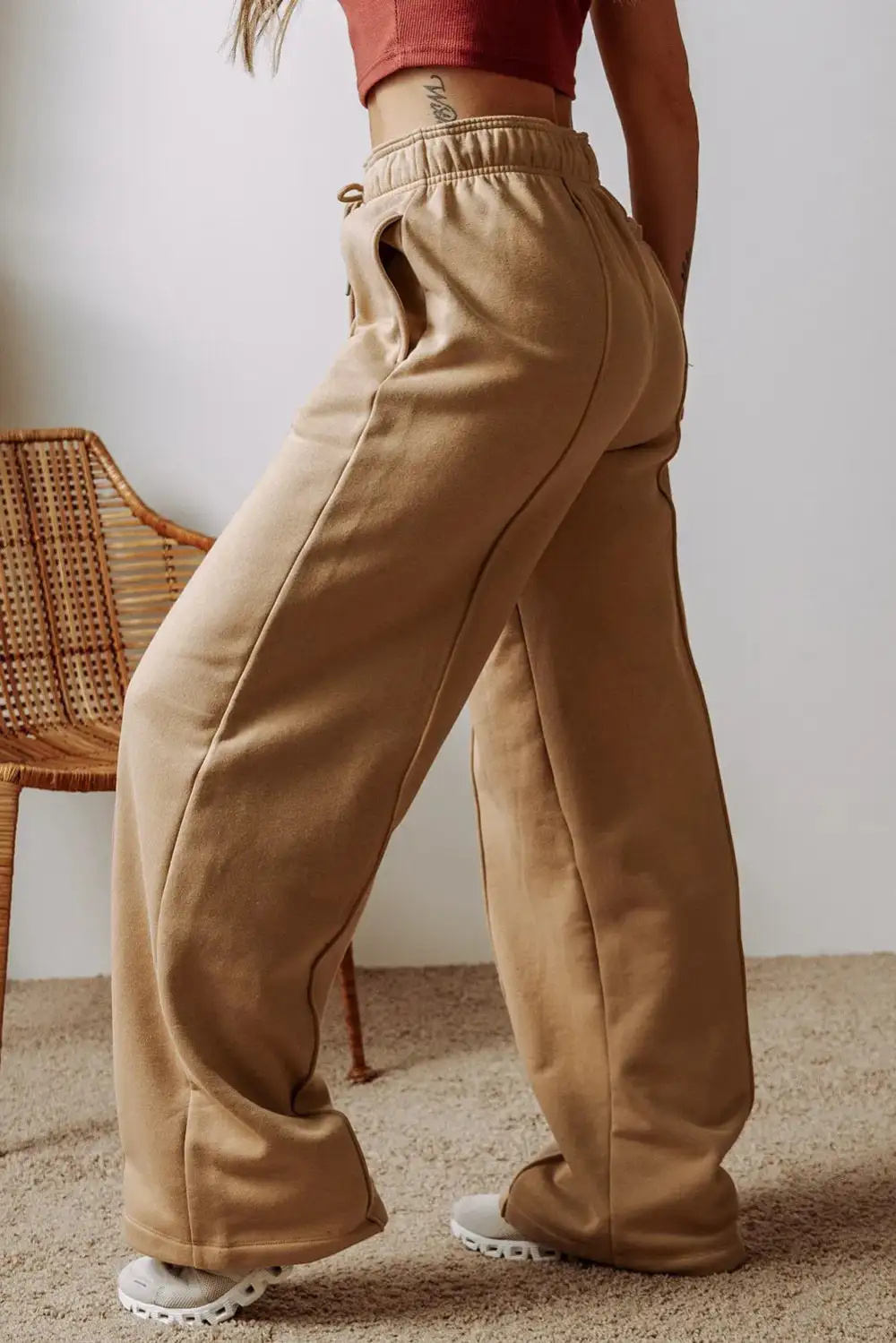 Textured Drawstring Wide Leg Pants With Pocket