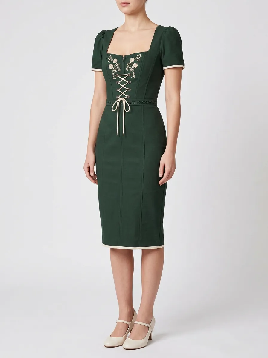 Women's Floral Embroidery Lace-Up Fitted Dress