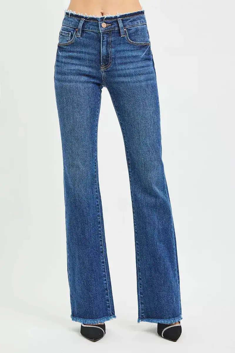 Mid Rise Bootcut Raw Hem Denim Jeans