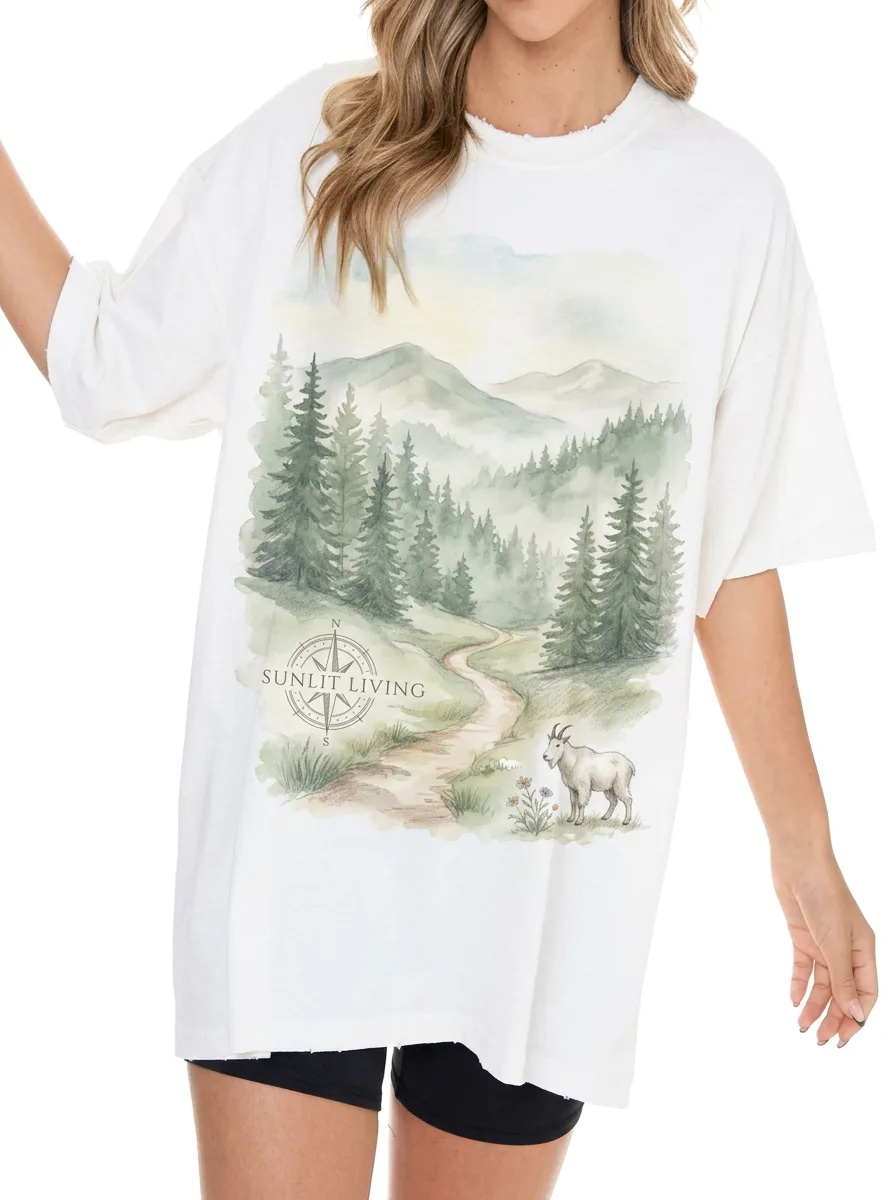 Women's Nature Lover Mountain Goat Compass Printed T-shirt