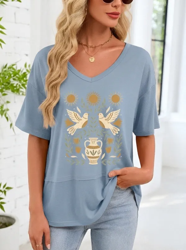 Women's Boho Sun Bird Vase Floral Printed V-Neck T-Shirt