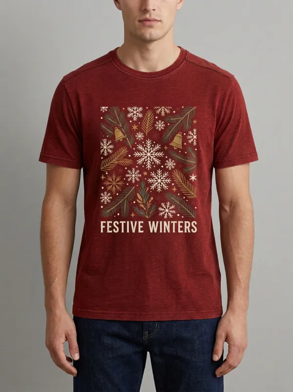 Men's Christmas Festive Winter Snowflake Pine Printed T-Shirt
