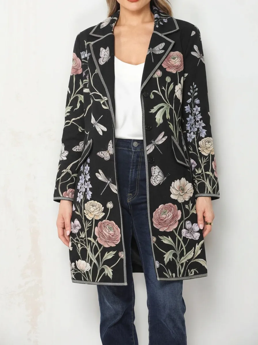 Women's Floral Butterfly Dragonfly Printed Long Blazer