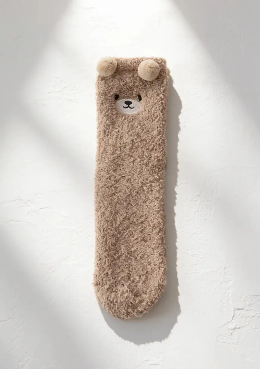 Plush Bear Motif Knee High Socks