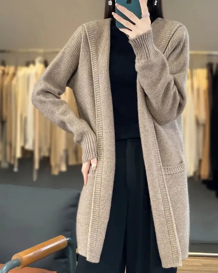 Merino-Wool Wool Hooded Longline Cardigan