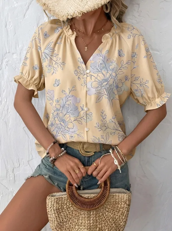 Women's Floral Butterfly Botanical Printed V-Neck Button-Up Blouse