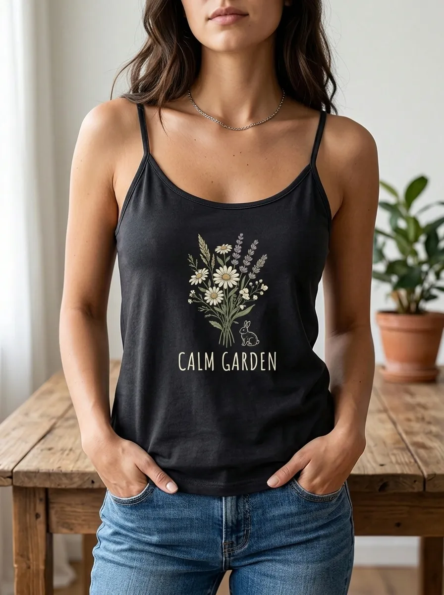 Women's Calm Garden Rabbit Wildflower Printed Tank Top