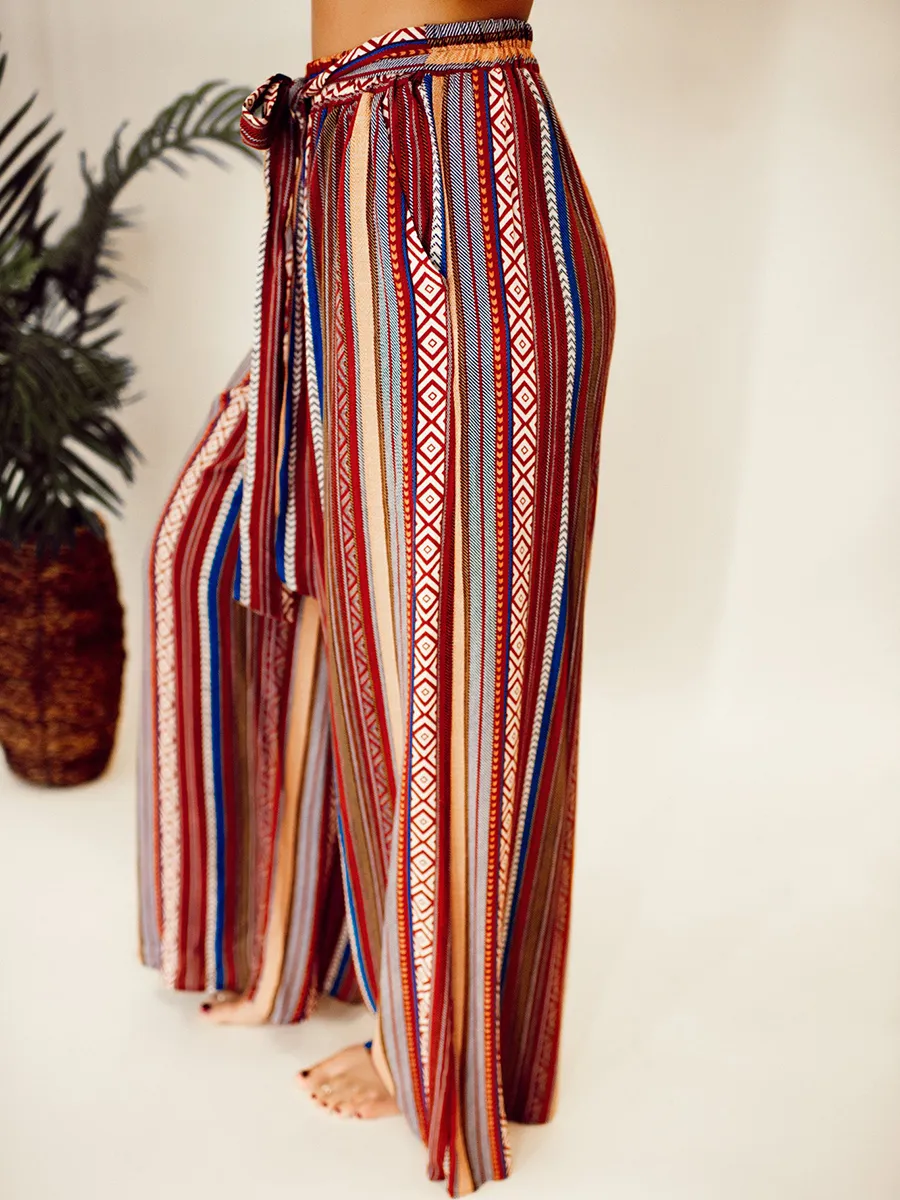 Ethnic Pattern Stripe Pattern With Waistband Wide Leg Pants