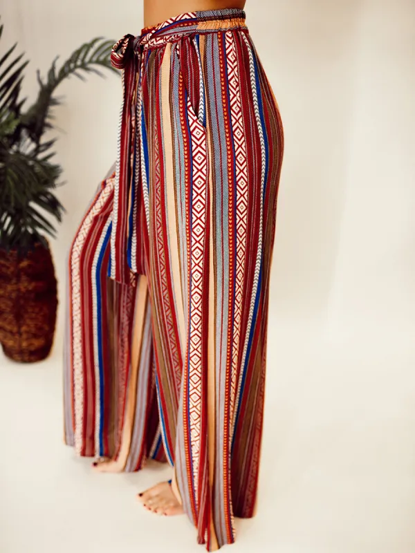 Ethnic Pattern Stripe Pattern With Waistband Wide Leg Pants