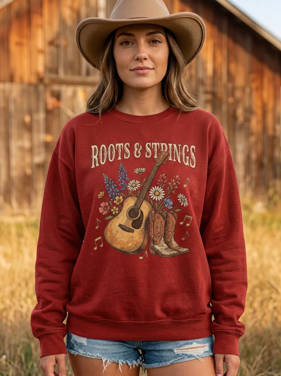Country Music Roots and Strings Guitar Cowboy Boots Crew Neck Sweatshirt