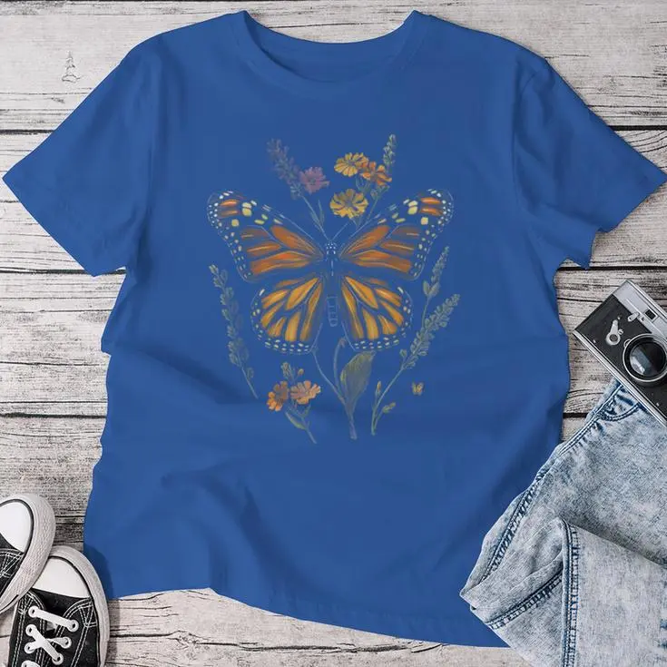 Vintage Monarch Butterfly Verbena Flower Women T-shirt