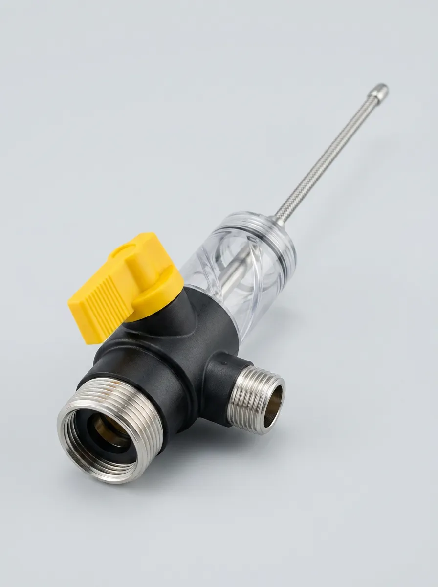 Valve-Controlled Water Heater Flush Tool with Clear Housing