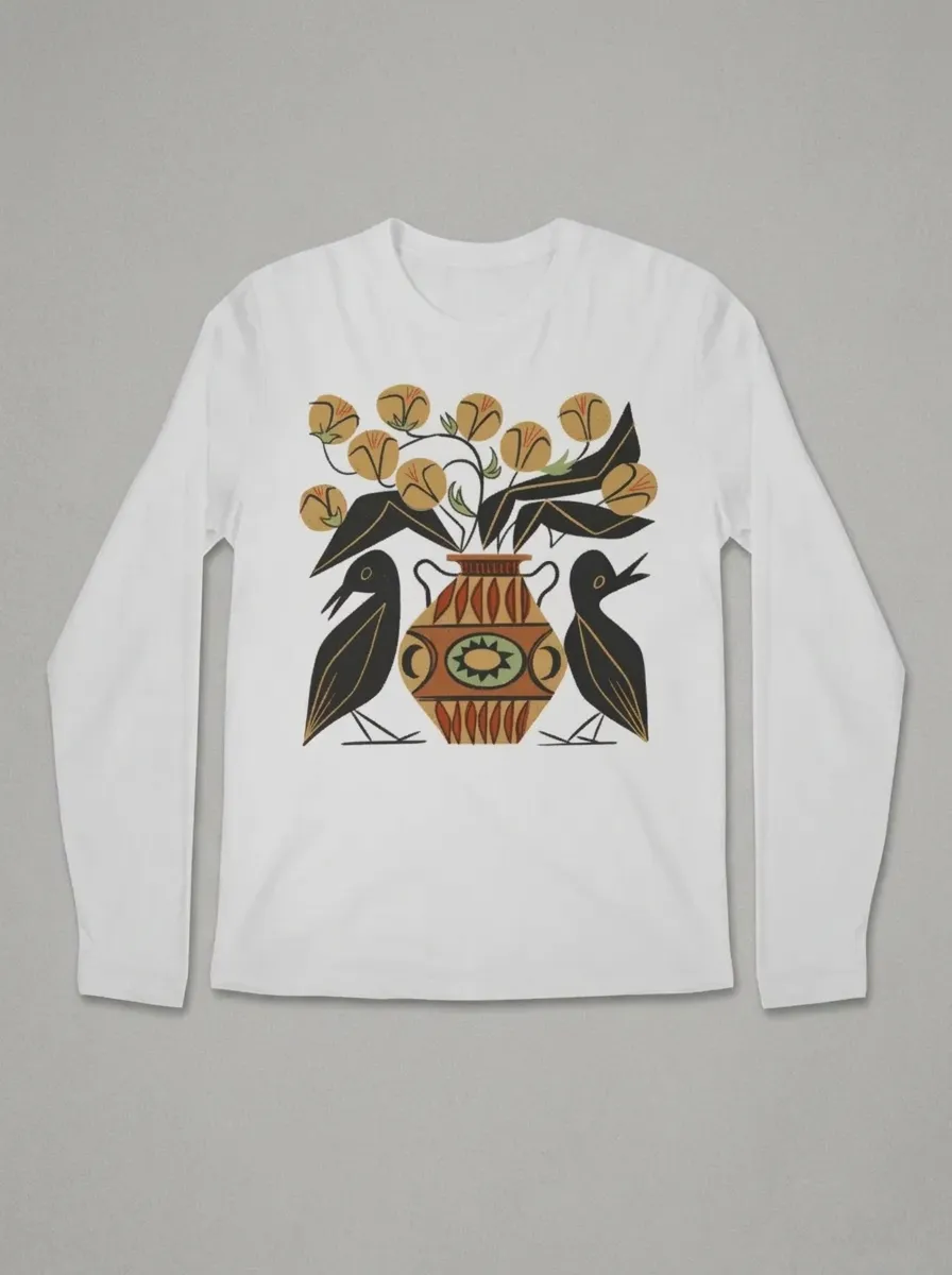 Signature Folk Art Bird And Floral Vase Long Sleeve T-Shirt