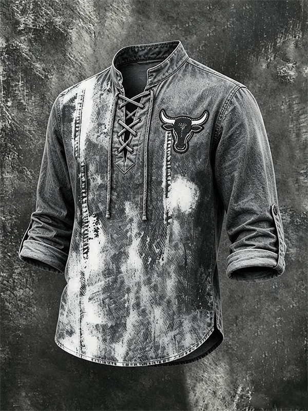 Men'S Imitation Denim Fabric Cow Head Embroidery Printed Shirt