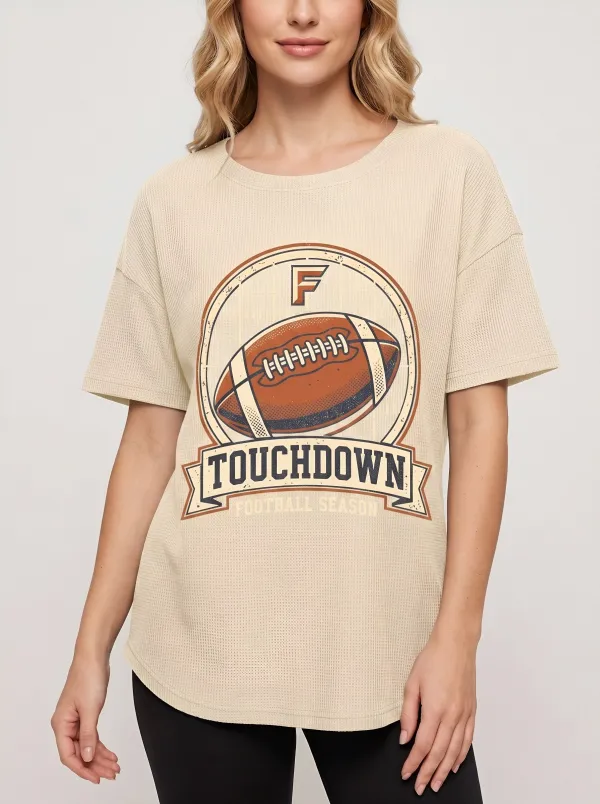 Women's Football Fan Touchdown Graphic Printed Waffle T-Shirt