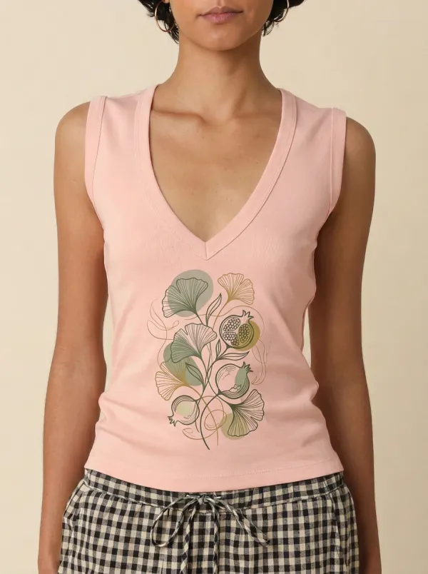 Women's Botanical Art Ginkgo Pomegranate Printed V-neck Tank Top