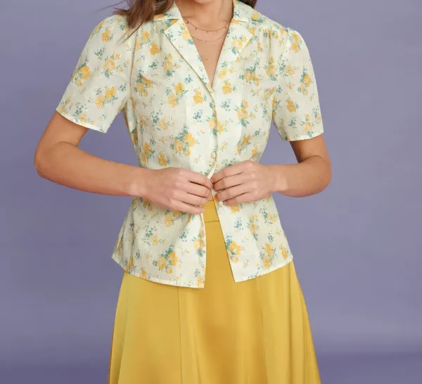 Yellow Collar Puffed Sleeve Floral Blouse