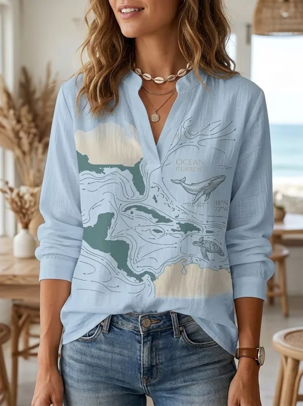 Women's Ocean Lover Whale Turtle Map Printed V-Neck Top