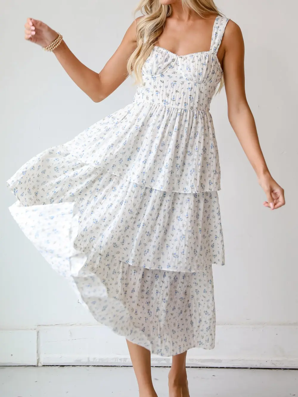 Ivory Floral Tiered Midi Dress