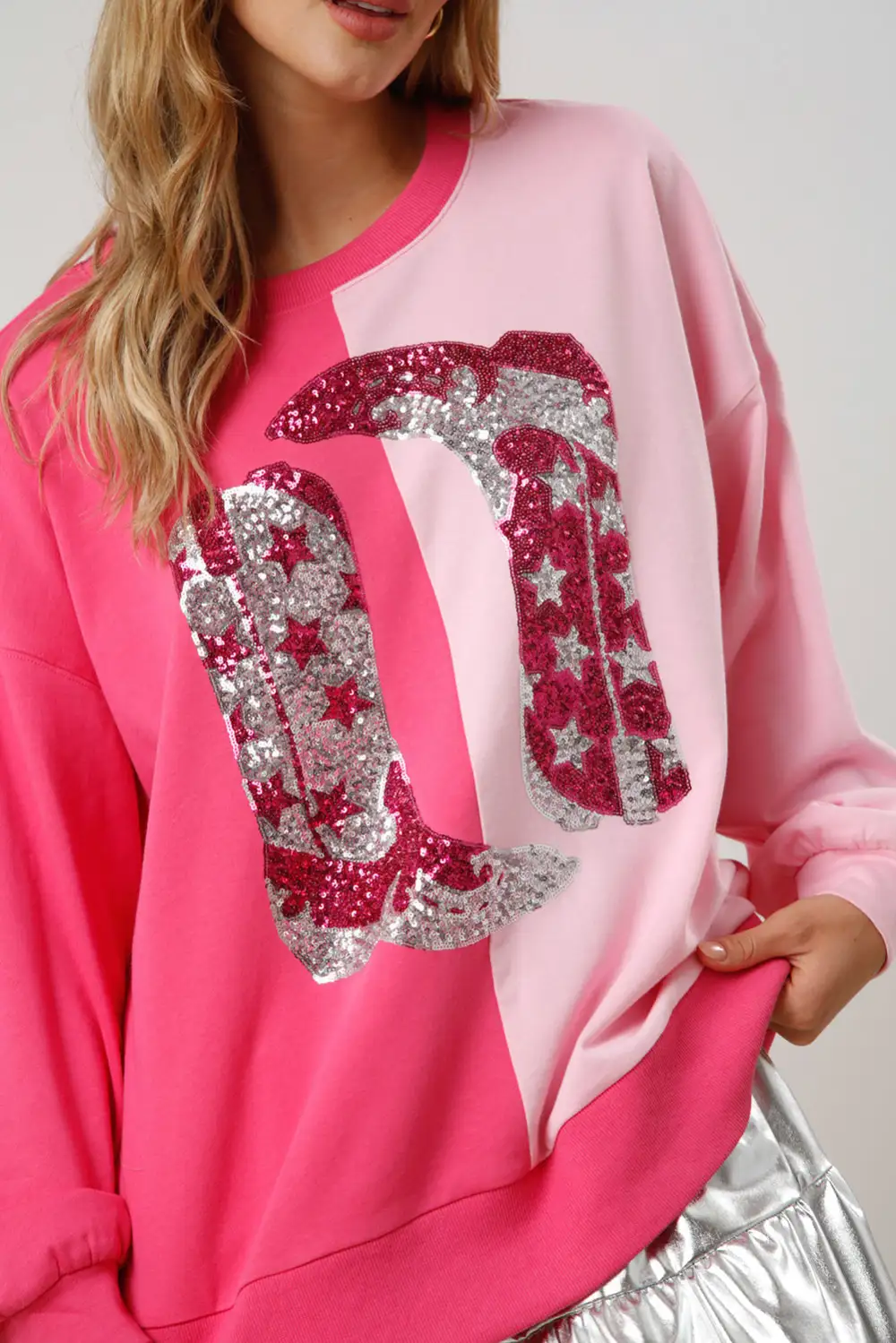 Color Block Sequined Cowgirl Boots Graphic Sweatshirt