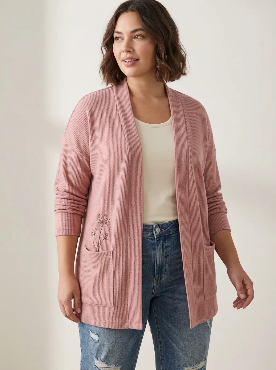 Women's Floral Minimalist Line Art Printed Ribbed Casual Cardigan