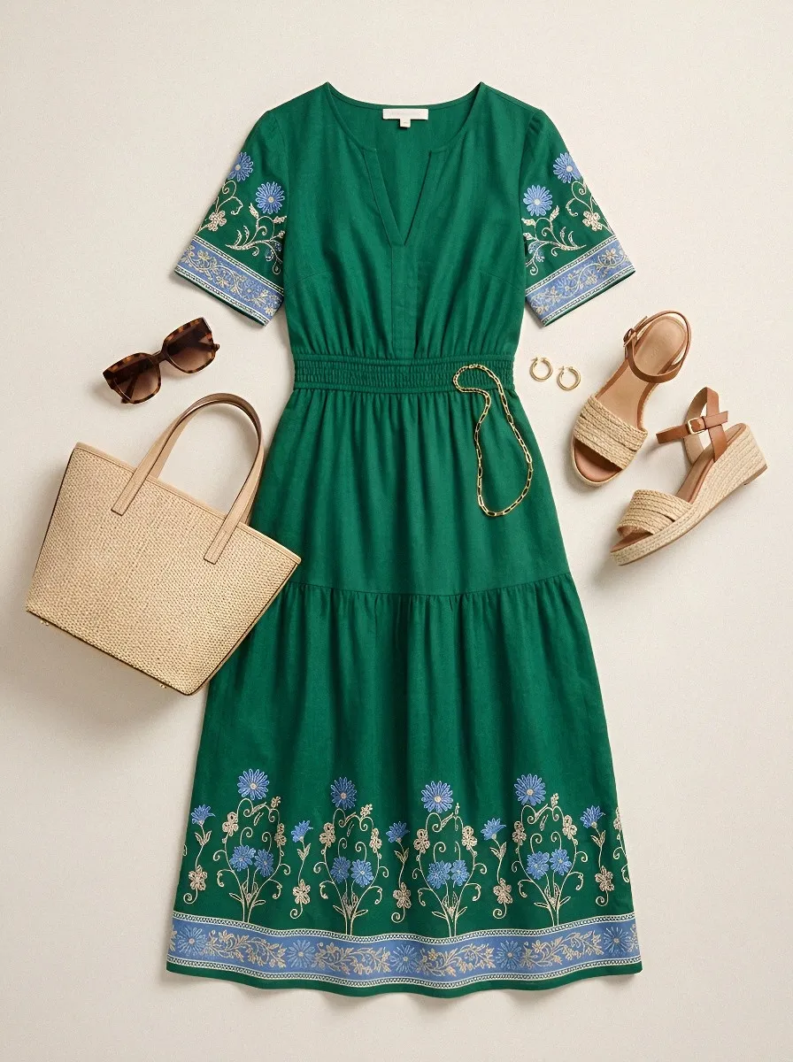 Women's Summer Vacation Blue Floral Embroidered Printed Dress