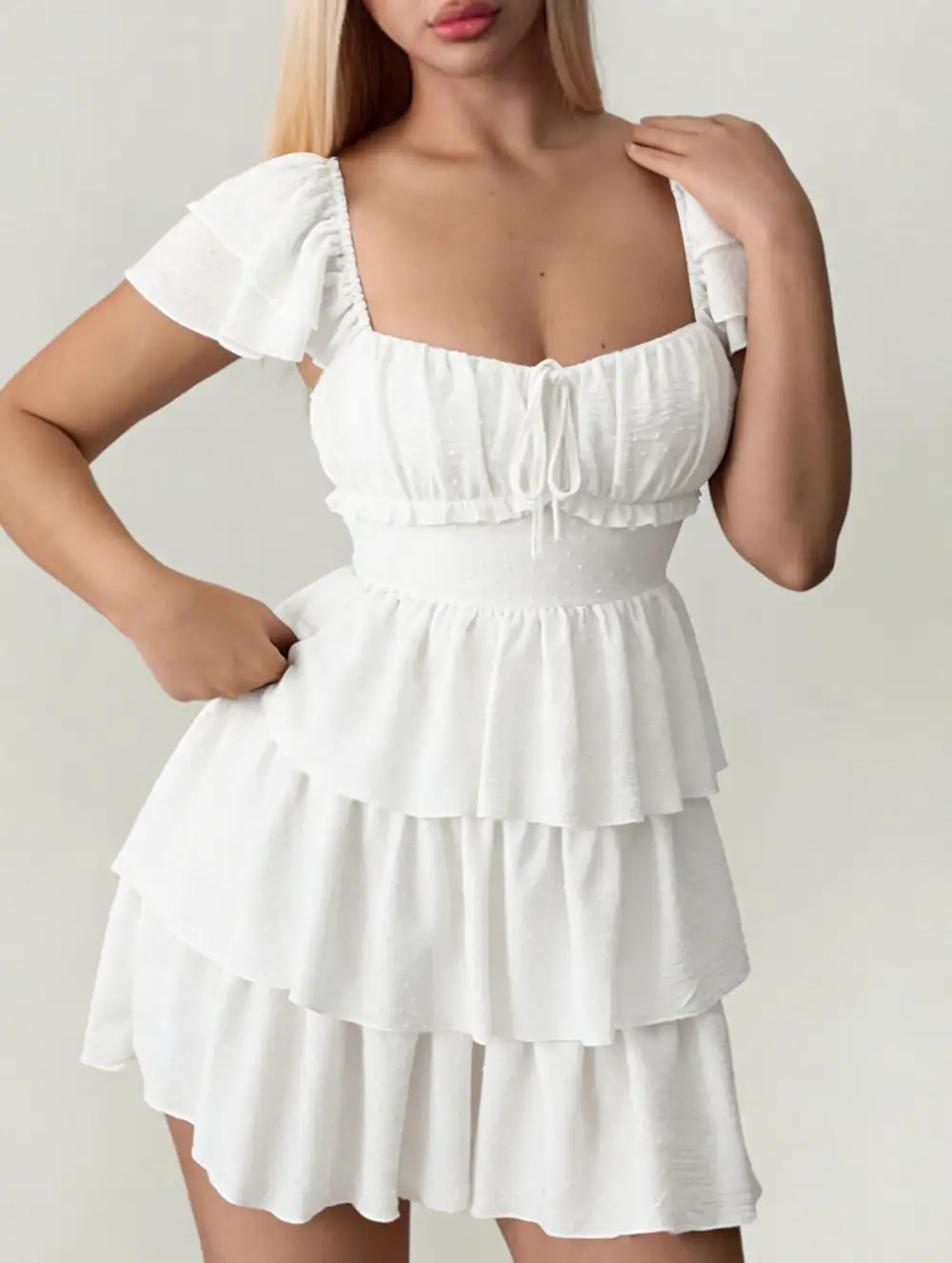 Square Neck Ruffle Backless Mini Dress