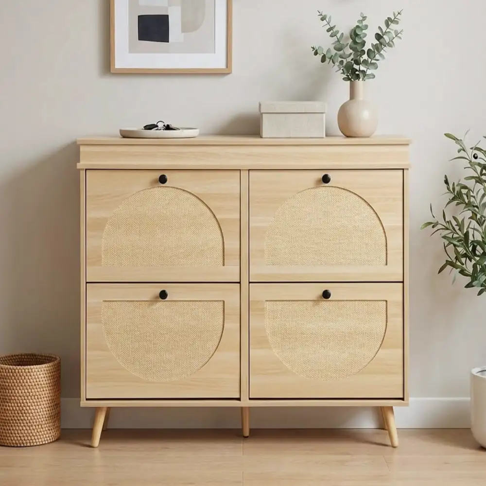 Compact Rattan Detail Drawer Shoe Cabinet