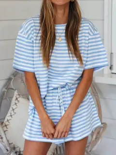 Refined Drawstring Pocketed Striped Tee and Shorts Matching Set