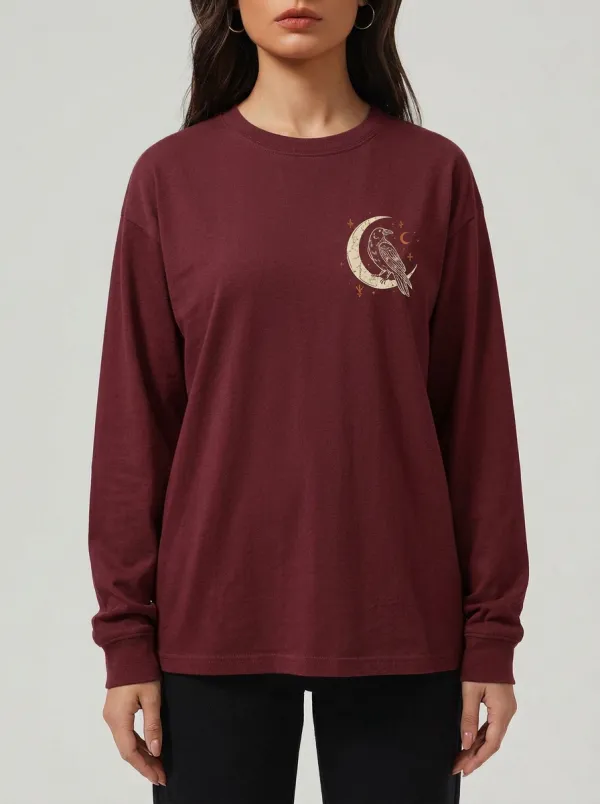 Women's Halloween Gothic Raven Moon Printed Long Sleeve T-shirt