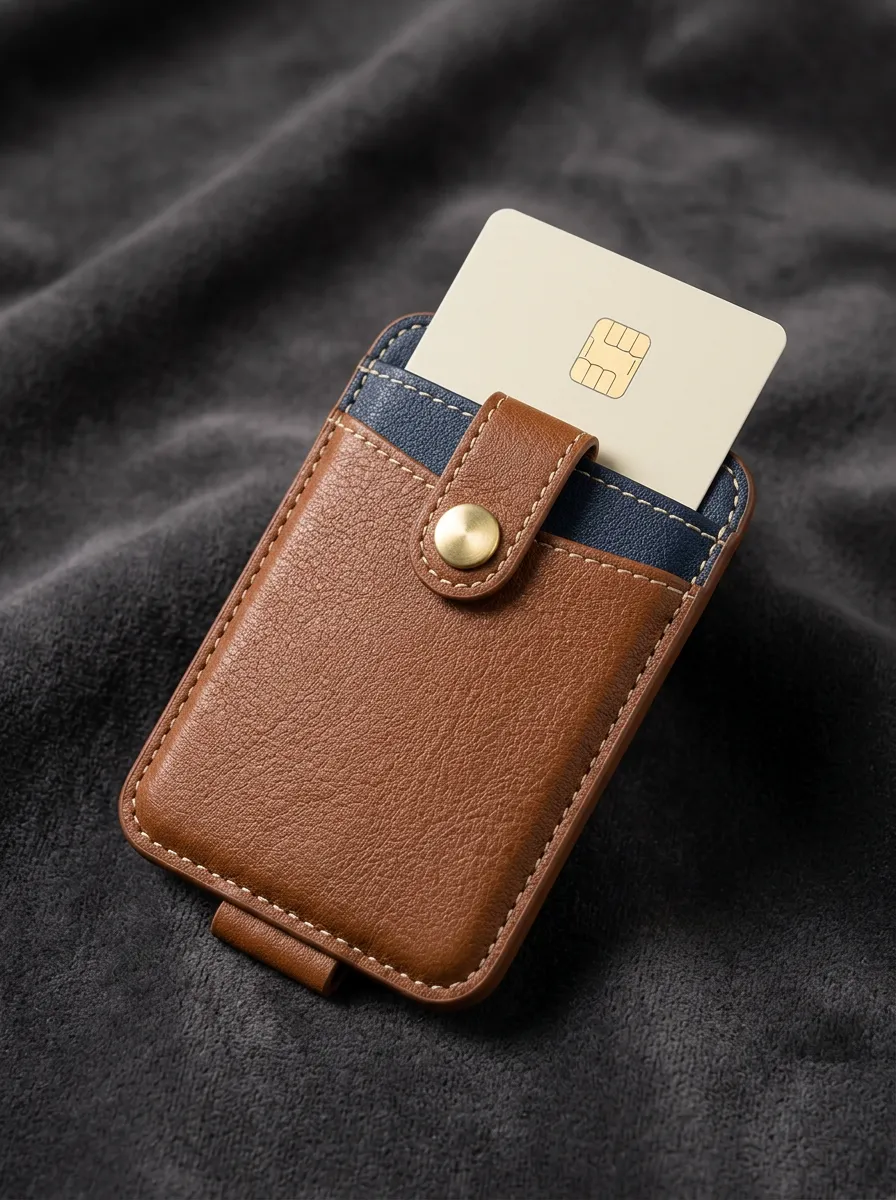 Brown Leather Snap Button Phone Card Holder