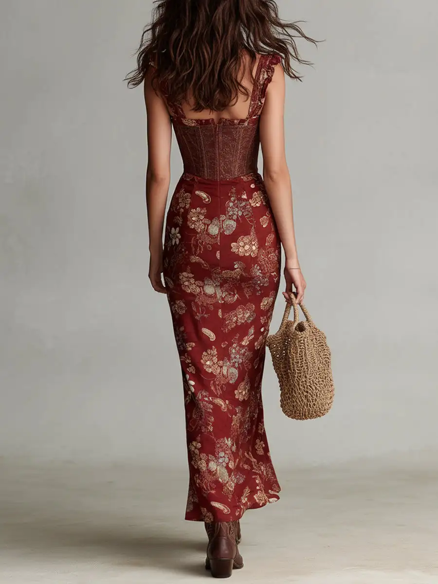 Corset-Style Floral Print High-Slit Maxi Dress