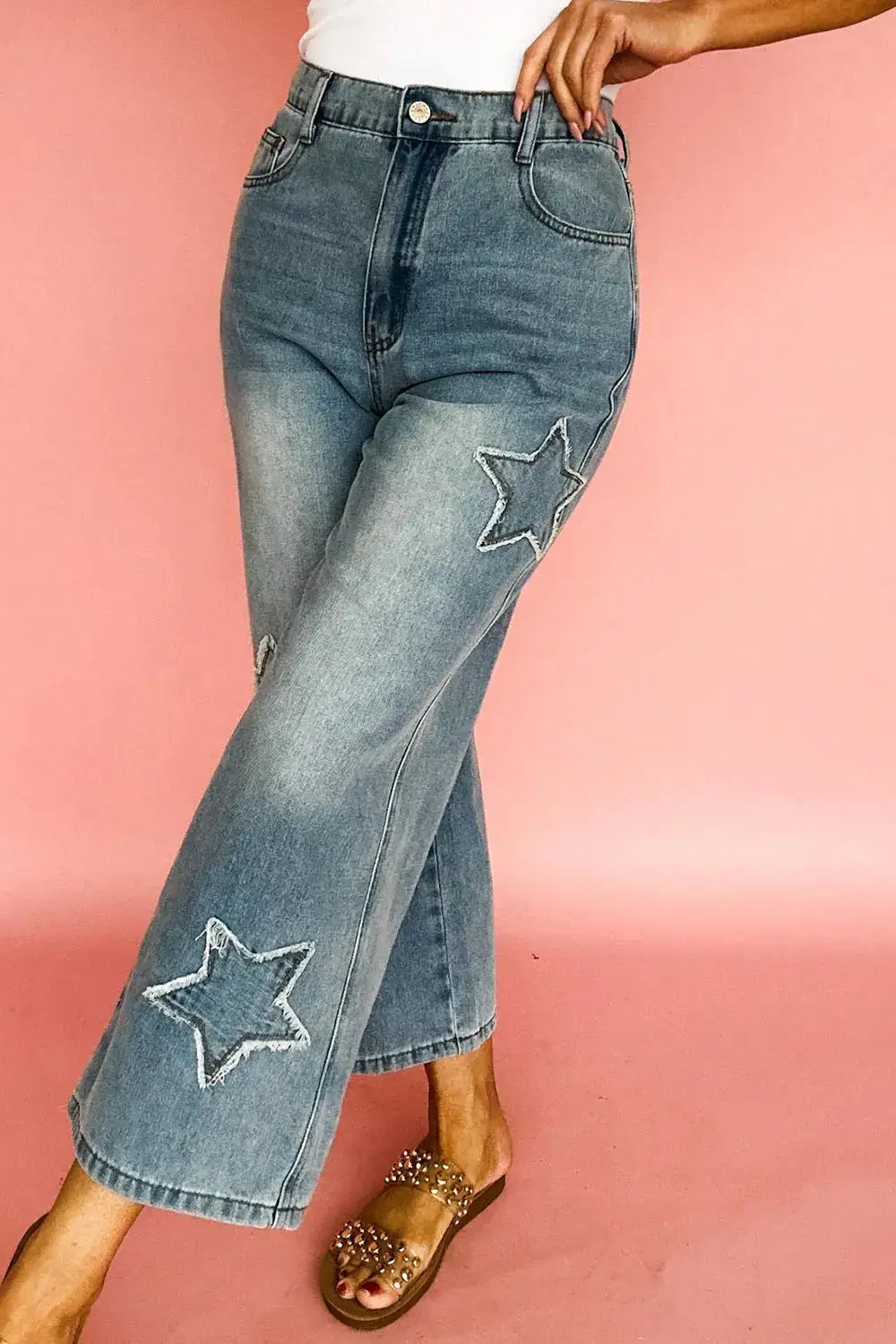 Soft High Waist Wide Leg Embroidered Denim Jeans