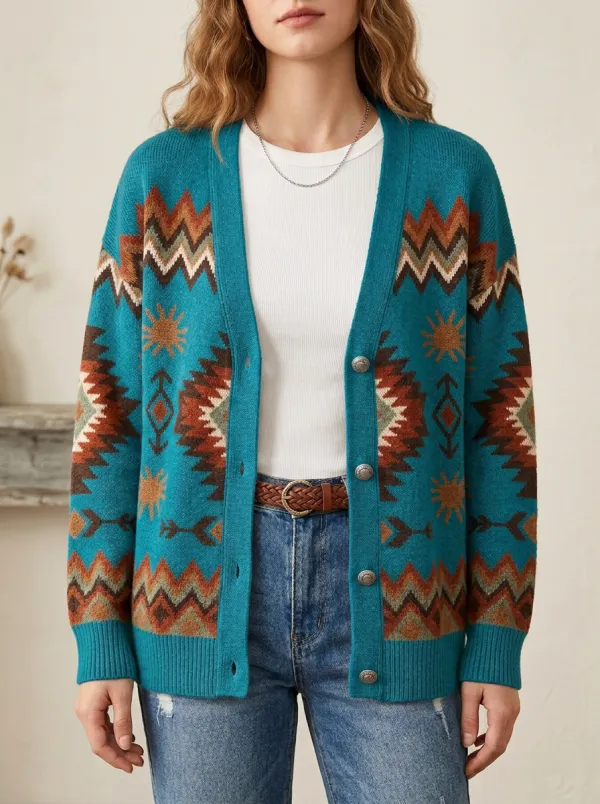 Women's Western Boho Sun Geometric Pattern Printed Cardigan