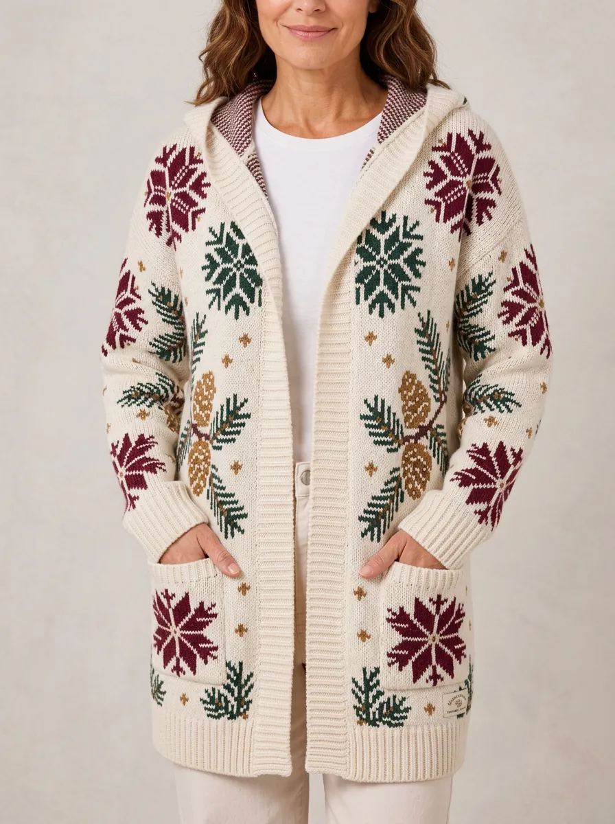 Christmas Snowflake Pinecone Pattern Knit Hooded Cardigan