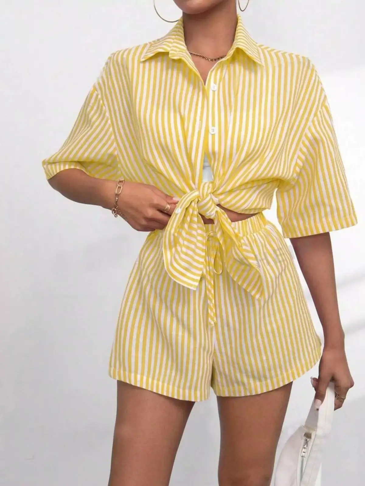Refined Striped Shirt and Shorts Matching Set