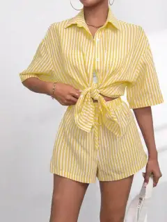 Refined Striped Shirt and Shorts Matching Set