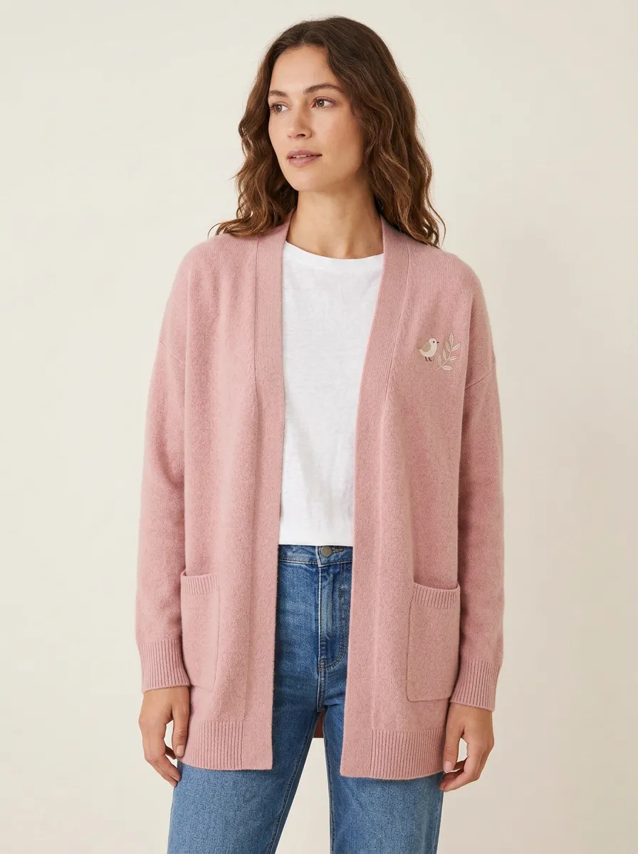 Women's Nature Lover Bird and Leaf Embroidered Pink Casual Cardigan