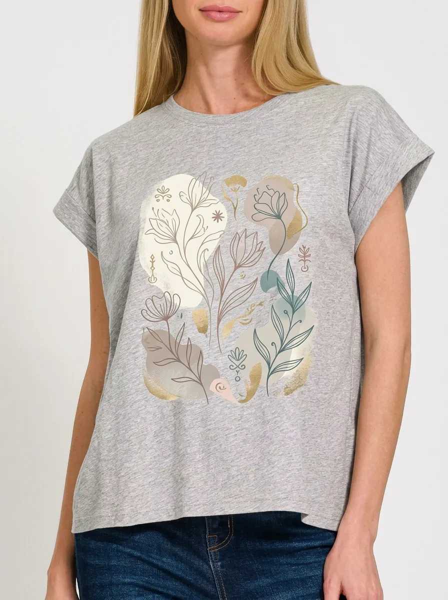 Women's Boho Botanical Floral Abstract Art Printed T-shirt