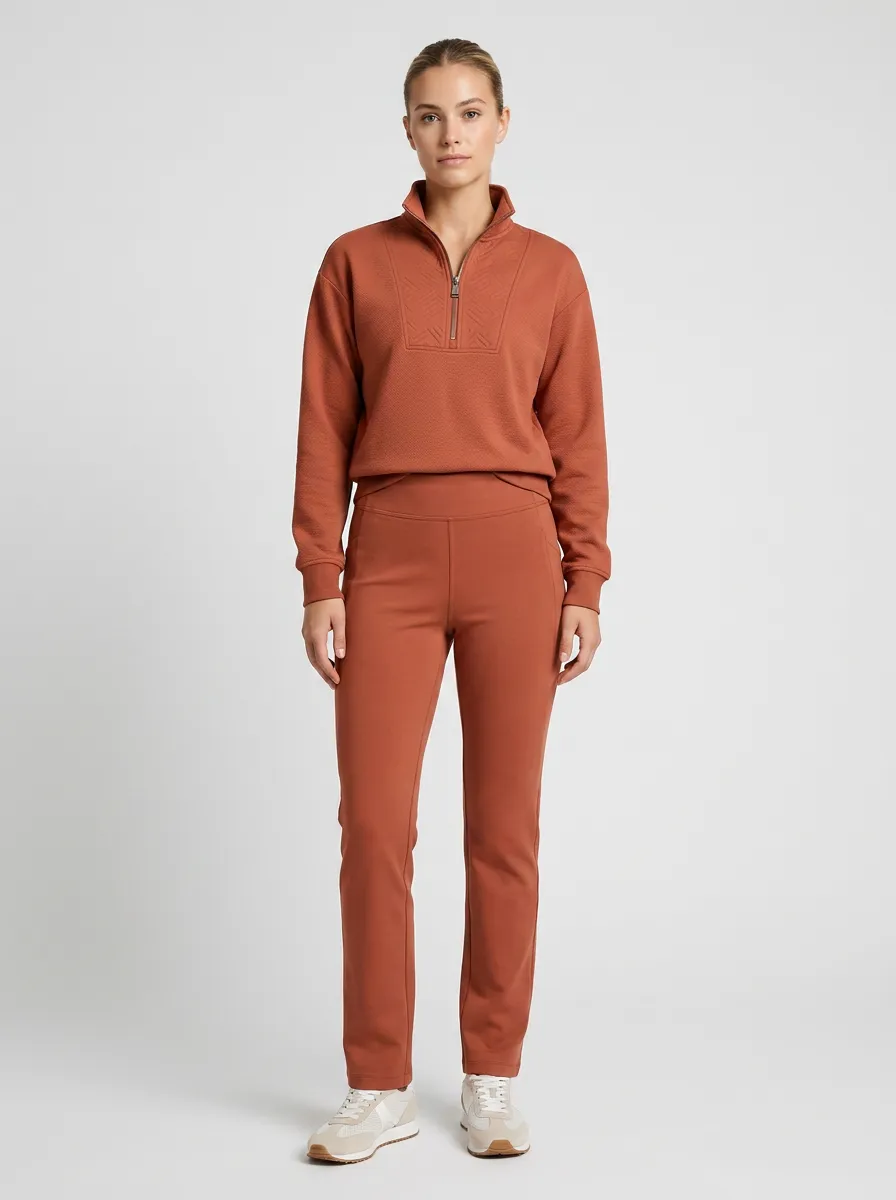 Women's Casual Sporty Rust Textured Quarter-Zip Lounge Set