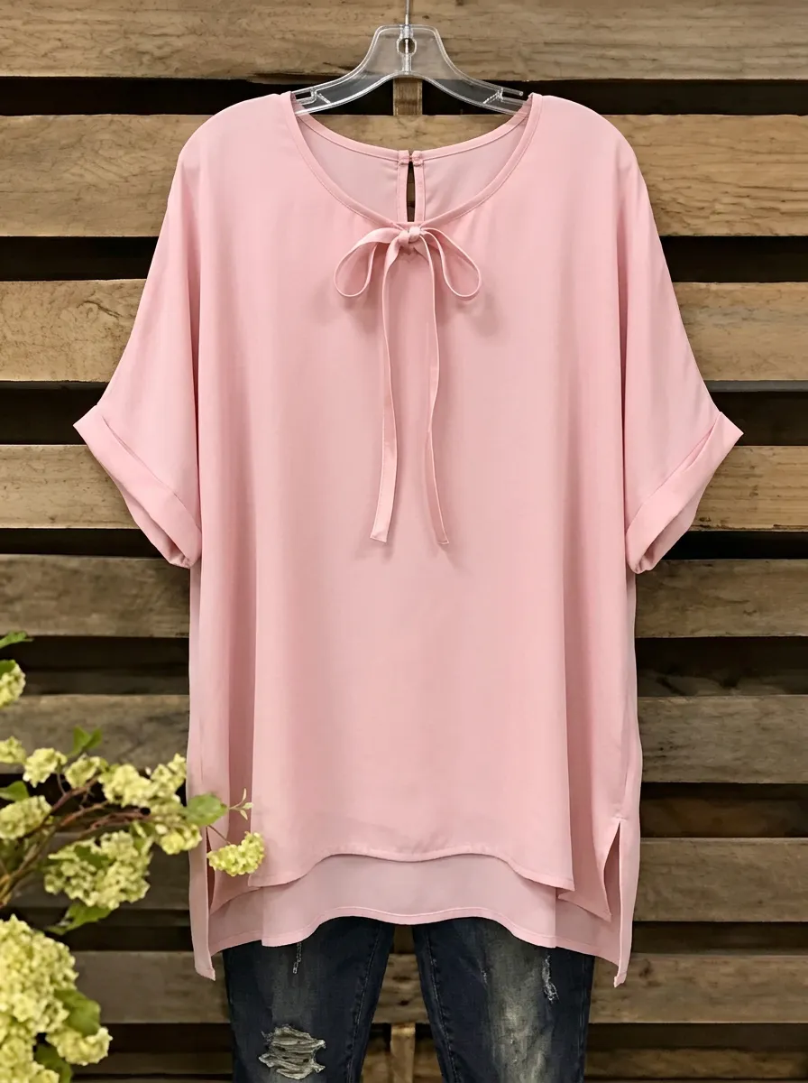 Women's Round Neck Tie-neck Side-slit Blouse
