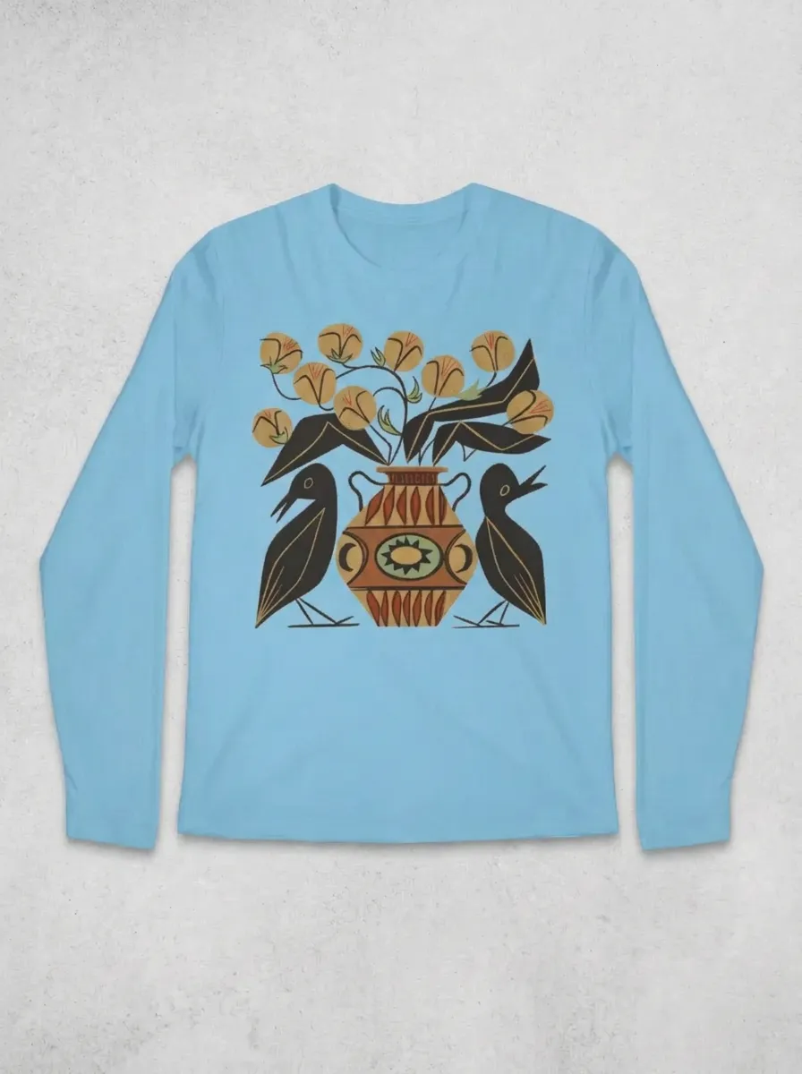 Signature Unisex Folk Art Bird And Floral Vase Long Sleeve Shirt